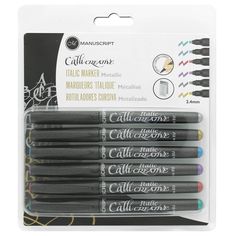 four black markers with different colors and sizes in the package on top of each other