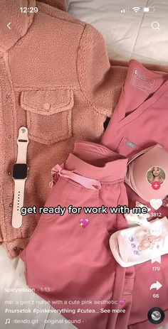 pink items are laid out on a bed with the text, get ready for work with me