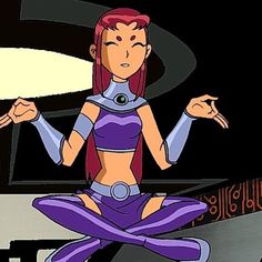 a cartoon character sitting in the middle of a yoga pose with her hands out and eyes closed