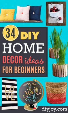 the cover of 34 diy home decor ideas for beginners, including vases and plants