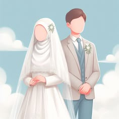 a bride and groom standing next to each other in front of the sky with clouds