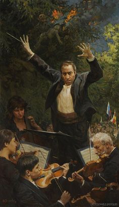 a painting of an orchestra conductor with his arms outstretched in front of him and other musicians