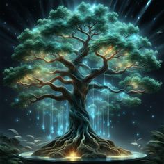 an artistic painting of a tree with lights coming from it