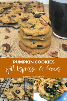 pumpkin cookies with blueberries and pecans are stacked on a cooling rack next to a glass of black coffee