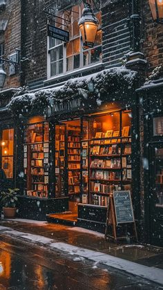 a book store on a snowy day with snow falling off the roof and bookshelves