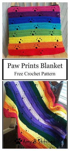 a crocheted blanket with the words paw prints blanket written on it and an image of