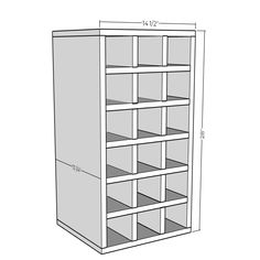 a drawing of a bookcase with shelves on the front and bottom, measurements for each shelf