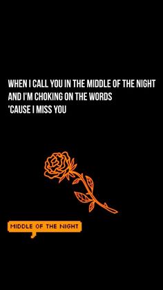 a black background with an orange rose on it and the words, when i call you in the middle of the night, and i'm looking on the words cause i miss you