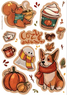 stickers that say cozy autumn and include an image of a dog wearing a scarf