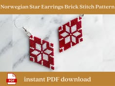 the norwegian star earrings brick stitch pattern is shown in red and white, with text overlay