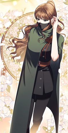 an anime character with long hair wearing a green coat and black pants, standing in front of a floral background