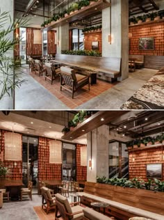 the inside and outside of a restaurant with tables, couches and plants in it