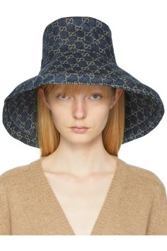 Gucci: Blue Eco-Washed Denim Wide Brim Hat | SSENSE Gucci Bucket Hat, Gucci Outfits, Logo Pattern, Washed Denim, Wide Brimmed