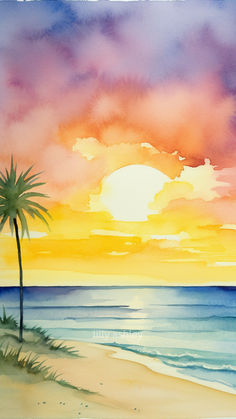 a watercolor painting of a sunset over the ocean with palm trees in the foreground