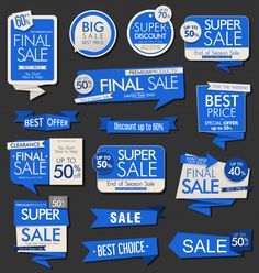 blue and white sale stickers with different price tags