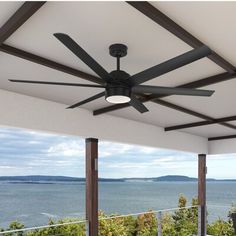 a ceiling fan is hanging from the ceiling in front of an outdoor dining table and chairs