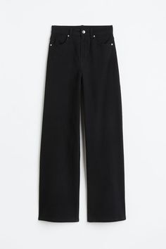 Pants in cotton twill. High waist  zip fly with button  and front and back pockets. Straight  wide legs. H&m Wide Leg Pants With Pockets, Hm Pants Women, H&m High Rise Bottoms With Pockets, H&m Twill Pants, H&m Black Wide Leg Bottoms, H&m Wide Leg Twill Pants, Wide Leg Twill Pants, Red Sweater Outfit, Twill Trousers