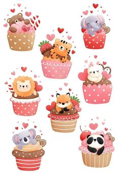 cute cupcakes with animals and hearts on them