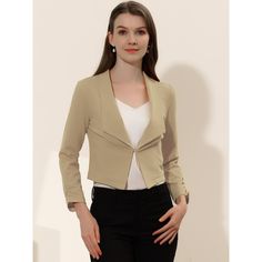 Be perfectly polished in this Regular Fit notch-lapel blazer designed in solid color and crop length. Show off your business style in this Allegra K notched lapel crop blazer. Style it with your trousers and heels to be a spotlight. This smart collarless blazer features an angled hem that is shorter in the back for a fashionably cool look. Classic OL style, you can wear it year-round. Fitted Single-breasted Cropped Jacket For Office, Fitted Notch Lapel Blazer In Solid Color, Fitted Blazer With Notch Lapel In Solid Color, Fitted Solid Color Blazer With Notch Lapel, Fitted Single Breasted Cropped Jacket For Office, Chic Solid Color Blazer For Office Wear, Business Casual Solid Color Blazer, Fitted Solid V-neck Blazer, Fitted V-neck Solid Color Blazer