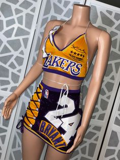 Custom Lakers Jersey two piece set Jersey Party Outfit, Basketball Player Costume, Jordans Outfit Women, Lakers Outfit, Jersey Dress Outfit, Closet Outfits Ideas, Basketball Game Outfit Women, Jordan Year, Basketball Game Outfit