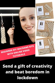 a woman is smiling and holding up some crafting items with the text send a gift of creativity and beat boredom in lockdown