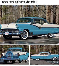 an old blue and white car parked in front of some trees