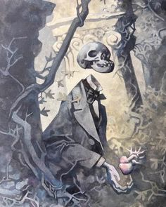 a painting of a man with a skull in his hand and another skeleton behind him