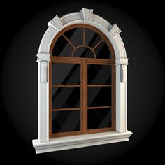 an open window on a black background with white trim and wooden frame, in the shape of a arch