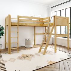 there is a bunk bed with a ladder next to it and a rug on the floor