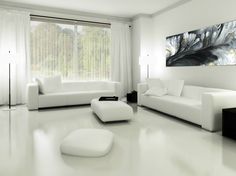 a modern living room with white furniture and large cityscape on the wall behind it