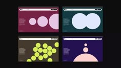 four different colored webpages with circles and dots on the front, one is black