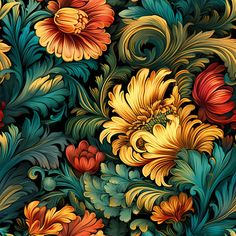 an image of colorful flowers and leaves on a black background for wallpaper or fabric