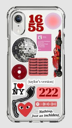 an iphone case with various stickers on the front and back of it, including a disco ball