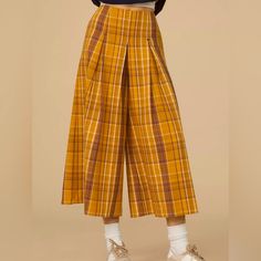 Anthropology Maeve Kilt Culottes Plaid High Waist Wide Leg Pants, Super Wide Leg Pants, Culottes Skirt, Retro Trousers, Black White Jumpsuit, Olive Green Pants, Pink Jumpsuit, Printed Wide Leg Pants, Orange Plaid