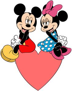 two cartoon mickey and minnie mouses sitting on top of a heart shaped object with one holding the other's head