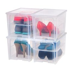 three clear plastic storage containers with shoes in them