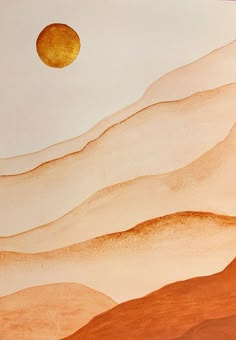 a painting of mountains with a yellow moon in the sky above them and sand dunes below