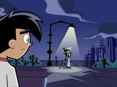 an animated image of a boy looking at another person in the distance with a flashlight