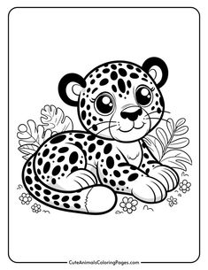 a black and white drawing of a leopard sitting on the ground with flowers around it