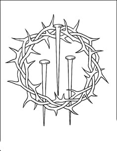 a black and white drawing of a crown with two swords in it, surrounded by barbed wire