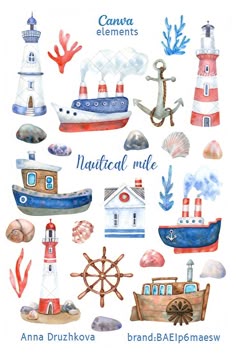 a watercolor painting of boats, lighthouses and other things on the ocean shore