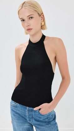 ANINE BING Riley Sweater Top | Shopbop Casual Halter Neck Top In Elastane, Casual Halter Neck Tops In Elastane, Casual Halter Neck Top, Casual Elastane Halter Neck Top, Sleeveless Knit Stretch Halter Top, Stretch Knit Sleeveless Halter Top, Fitted Knit Halter Neck Tank Top, Sleeveless Stretch Knit Halter Top, Chic Fitted Halter Neck Knit Top