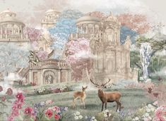 two deer standing next to each other in front of a building and trees with flowers