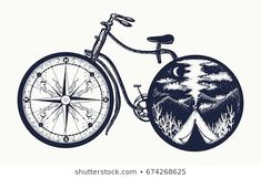 a drawing of a bicycle with a compass on the front wheel, and an image of trees in the background