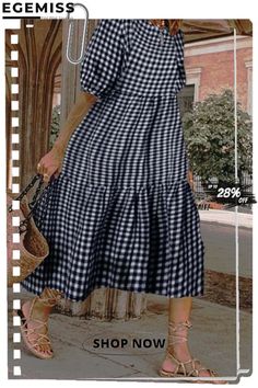 Fashion Casual Plaid Split Joint O Neck Princess Dresses Casual Gingham Midi Dress With Short Sleeves, Casual Plaid Midi Dress, Casual Plaid Midi Dress For Spring, Casual Gingham Midi Dress For Brunch, Plaid Short Sleeve Dresses For Day Out, Casual Gingham Maxi Dress For Summer, Casual A-line Midi Dress For Picnic, Casual Gingham Dress With Short Sleeves, Casual Plaid Dresses For Vacation