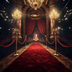 a red carpeted area with gold pillars and chandeliers on either side of it