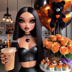 a doll holding a drink next to a table with orange roses and cupcakes