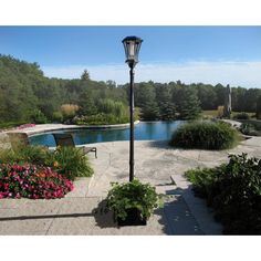 a lamp post in front of a pool surrounded by flowers and trees on a sunny day