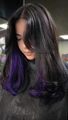 Violet Peekaboo Hair, Dark Brown Hair With Purple Underneath, Dark Purple Peekaboo Hair, Peekaboo Purple Hair, Peekaboo Hair Color Brunettes, Purple Underneath Hair, Purple Peekaboo Highlights, Purple Peekaboo Hair, Undercolor Hair