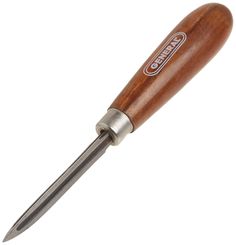 a wooden handle with a metal tip in the shape of a screwdriver on a white background